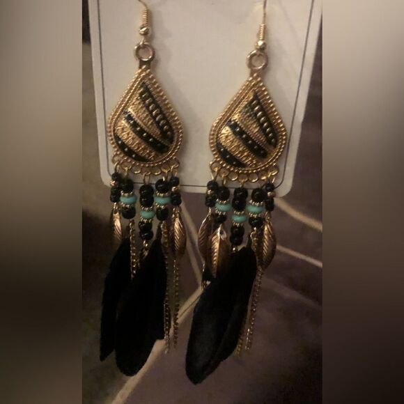 Black gold and teal bohemian feather drop earrings w dangle rope fringe tassel - Picture 6 of 7